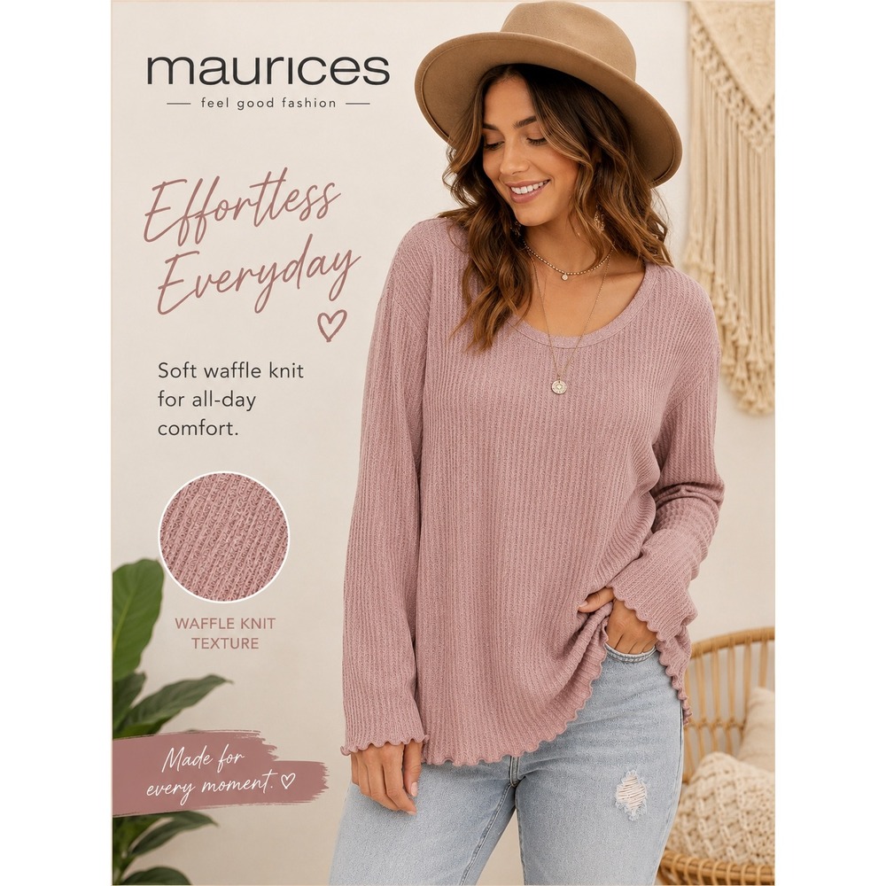 NEW Maurices Womens Long‎ Sleeve Waffle Knit Top Dusty Rose Plus Size 3x